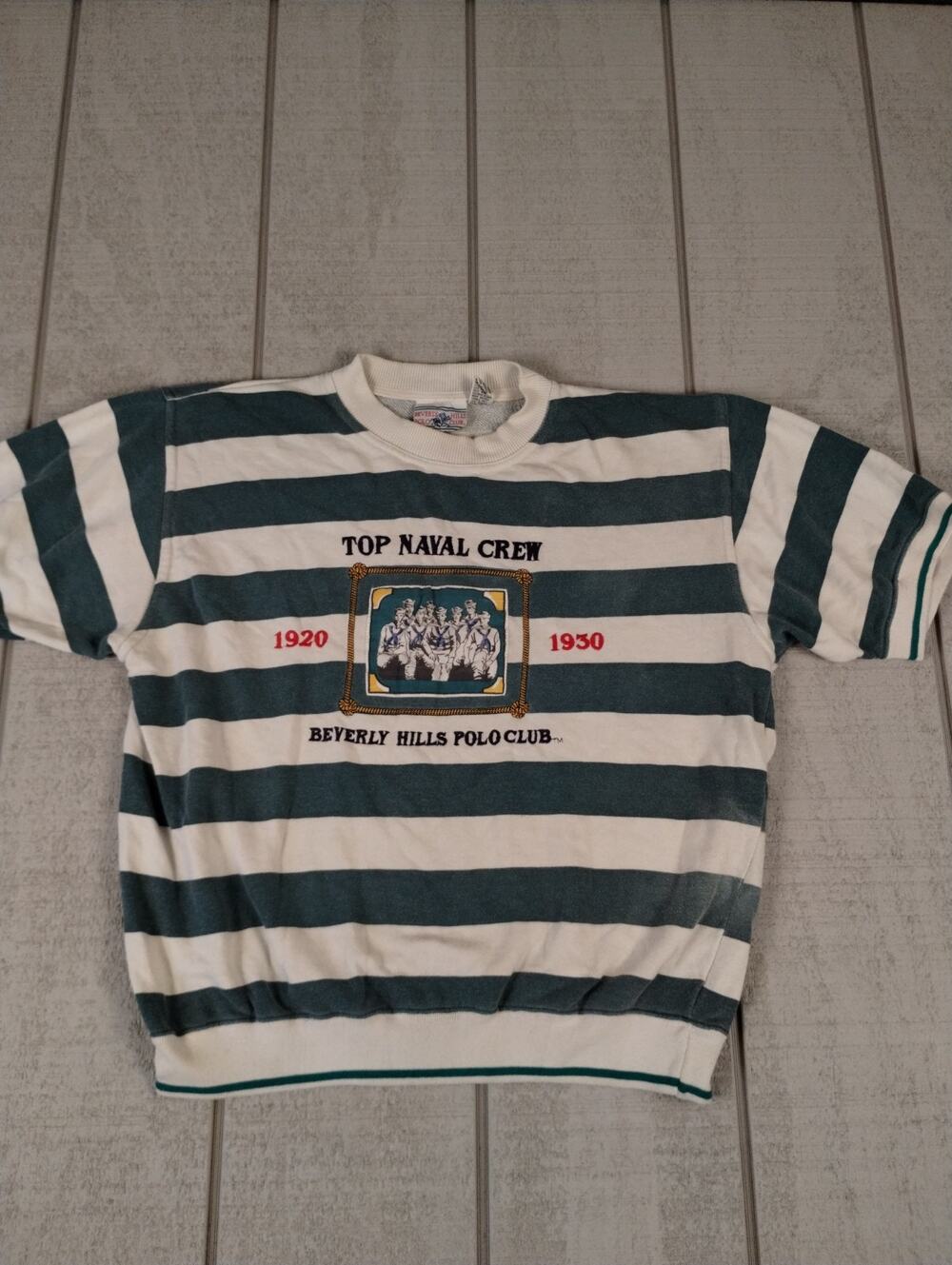 Beverly Hills Polo Club Vintage Striped Sweater Mens L Green Retro Nautical Prep